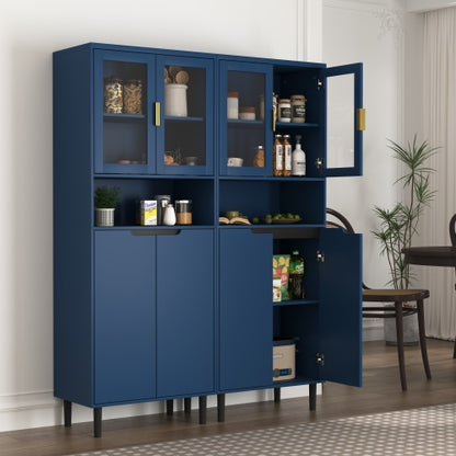 Navy Blue 4-Door Adjustable Tempered Glass Tall Storage Bookcase Cabinet