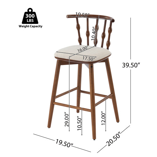 Indoor Wooden Barstool, Walnut Finish With Beige Upholstery, Set of 2