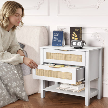 White Rattan 2-Drawer Nightstand with Shelf, Boho Style