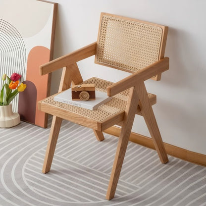 Modern Mid Century Rattan Accent Dining Chair with Armrests, Wood Finish for Living Room & Dining Room