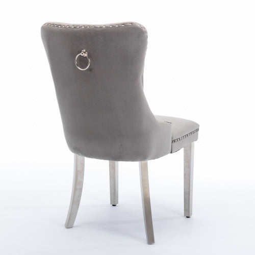 Single Gray & Chrome Tufted Velvet Dining Chair, Solid Wood Frame, Nailhead Trim, Chrome Plated Stainless Steel Legs