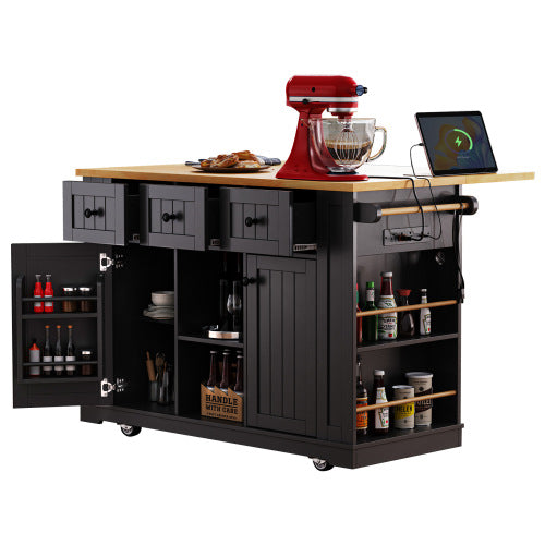 53inch Large Kitchen Island with Drop Leaf, Power Outlet, Door Internal Storage Rack, Rolling Kitchen Cart on 5 Wheels with 5 Open Side Racks for Kitchen, Dining Room,Black(Not include bar stools)