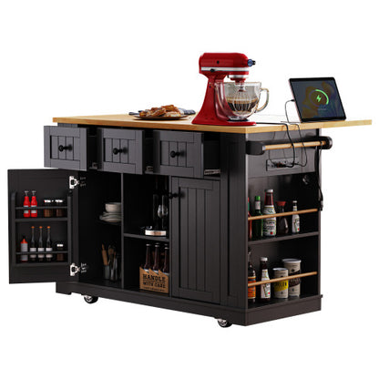 53inch Large Kitchen Island with Drop Leaf, Power Outlet, Door Internal Storage Rack, Rolling Kitchen Cart on 5 Wheels with 5 Open Side Racks for Kitchen, Dining Room,Black(Not include bar stools)