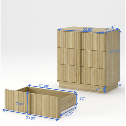 Vertical Stripe 3 Drawer Vintage Nightstand with Storage, Natural Finish