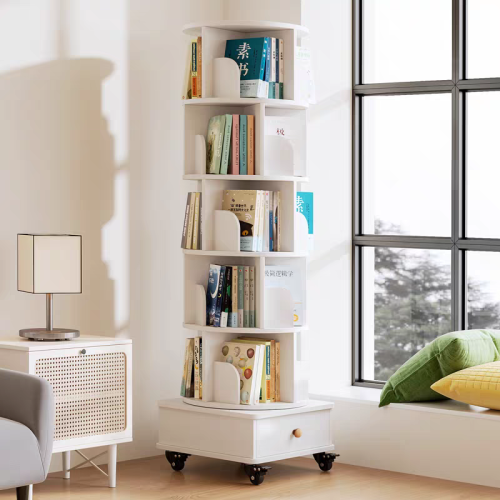 White 6-Tier 360¡ã Rotating Bookshelf with Single Drawer, Tall Narrow Wooden Corner Home Display Rack