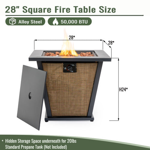 28" Propane Gas Fire Pit Table, 50000 BTU Square Steel Fire Pit for Outside Patio Deck Garden Courtyard -Brown
