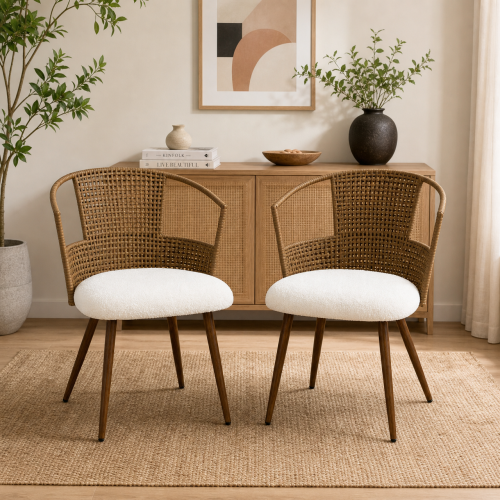 PE Rattan Dining Armchairs with Teddy Seats, Set of 2, Beige/Brown