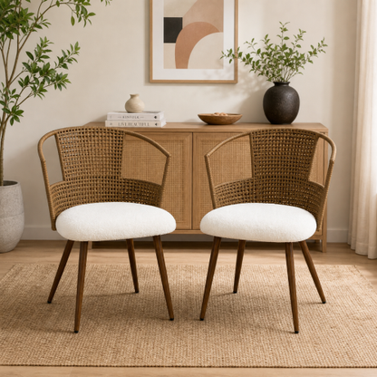 PE Rattan Dining Armchairs with Teddy Seats, Set of 2, Beige/Brown