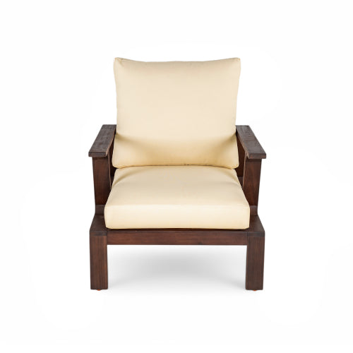 Patio Accent Chair 27.6" Wood Chair Outdoor Lounge Chair for Patios, Gardens, or Balcony, Dark Brown +Beige Cushion