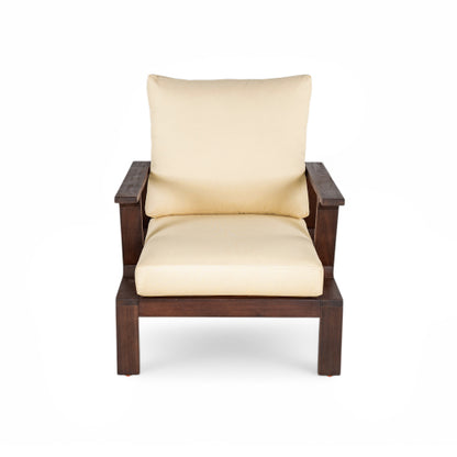 Patio Accent Chair 27.6" Wood Chair Outdoor Lounge Chair for Patios, Gardens, or Balcony, Dark Brown +Beige Cushion