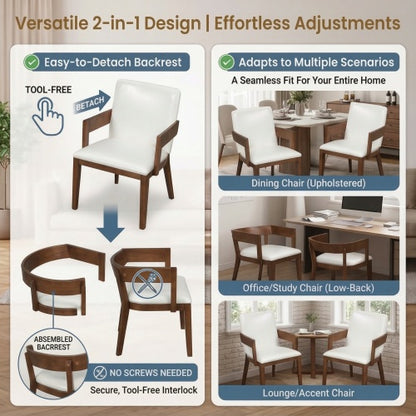 Set of 2 Modern Dining Chairs, Walnut Hardwood Frame with White Glossy PU Leather Upholstery