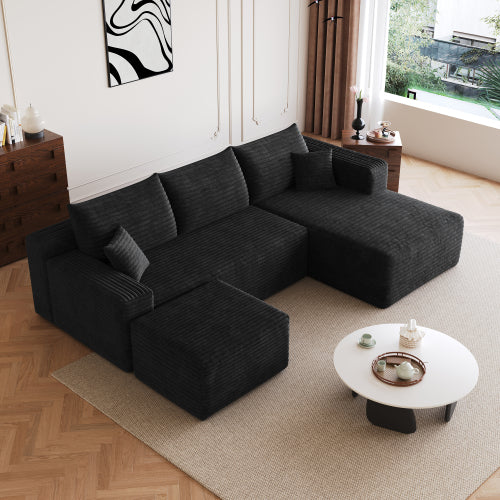 95-Inch Black Plush Corduroy U-Shaped Cloud Sectional Sofa with 1 Ottoman, Deep-Seat Corner Couch No-Assembly for Living-Room