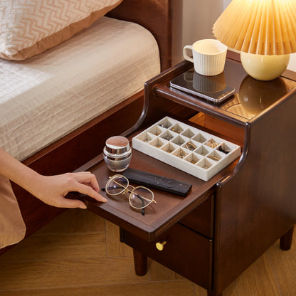 Solid Wood Nightstand with Drawer, Open Shelf and Pull-Out Storage Panel