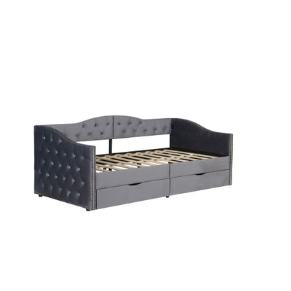 Upholstered Daybed with Storage Drawers, Wood Daybed Twin Size, with USB ports & 2 storage drawers, No Box Spring Needed, Grey