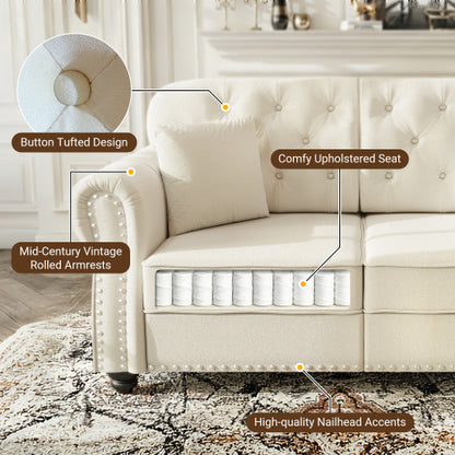41.3 inch  Beige-White Mid-Century Velvet Sofa,Nailhead Trim,Button Tufting,1 Pillow