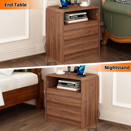 Walnut Curved Nightstand, 25inch Tall Handle-Less Bedside Table with Drawers & Charging Station