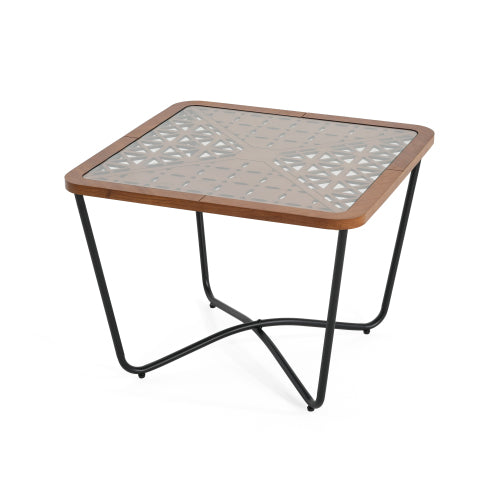 Modern Industrial Square Coffee Table Glass Top Metal Frame Wooden Accent Living Room Table