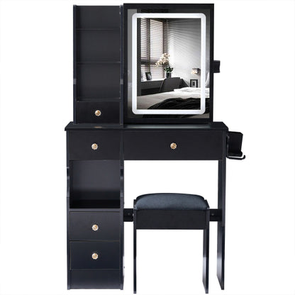 29.2" Small Size Drawer Desktop Vanity Table + Cushioned Stool, 2 AC+2 USB Power Station, Hair dryer bracket, Extra Large Touch Control Sliding LED Mirror, 3-color Switching, EPA, GCC, UL Certificate