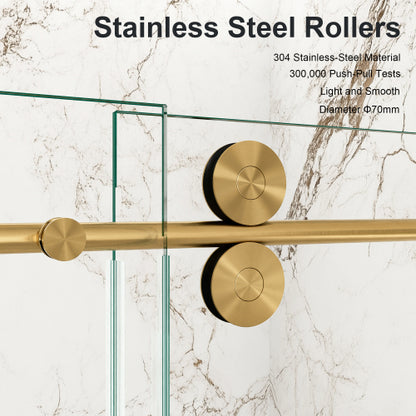 56"-60"W x 72"H Frameless Single Sliding Shower Door – 5/16" (8mm) Clear Tempered Glass, Bypass Design with Brushed Gold Finish