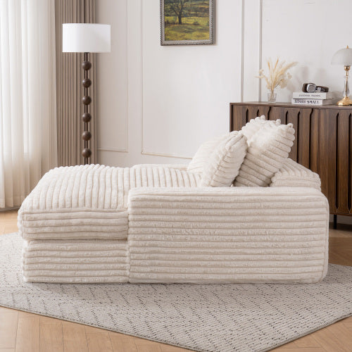 Beige Oversized Corduroy Chaise Lounge SofaBed,4 Washable Pillows