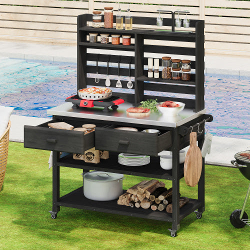 K&K 64.9"H Outdoor Potting Bench Table with Lockable Wheels, Solid Wood Outdoor Kitchen Island with Upper Hutch, Stainless Steel Top, Towel Rack ,Outdoor Storage for Grilling, Lawn Garden -Black