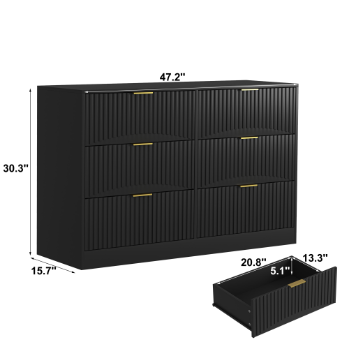Modern 6-Drawer Dresser, Chest of Drawers for Bedroom, Living Room, Hallway, and Entryway - Large Storage Cabinet, Black,Drawer panel with wavy patterns
