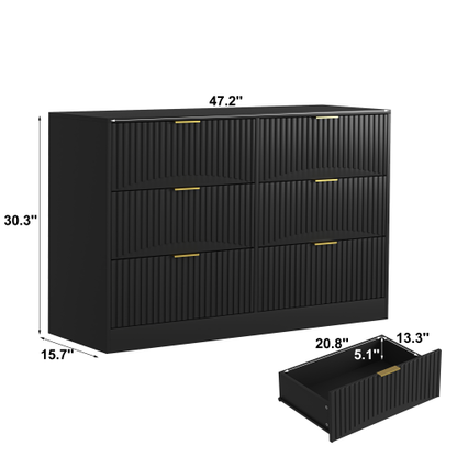 Modern 6-Drawer Dresser, Chest of Drawers for Bedroom, Living Room, Hallway, and Entryway - Large Storage Cabinet, Black,Drawer panel with wavy patterns