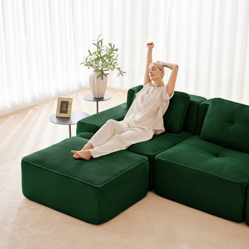82 inch  Green L-Shaped Corduroy Modular Sofa, Movable Ottoman, No Assembly Required