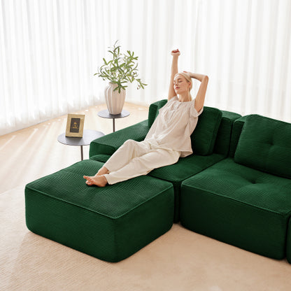 82 inch  Green L-Shaped Corduroy Modular Sofa, Movable Ottoman, No Assembly Required