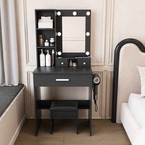 Black Compact LED Vanity Table Set, Power Outlet, Hairdryer Holder & Upholstered Stool