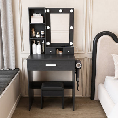 Black Compact LED Vanity Table Set, Power Outlet, Hairdryer Holder & Upholstered Stool