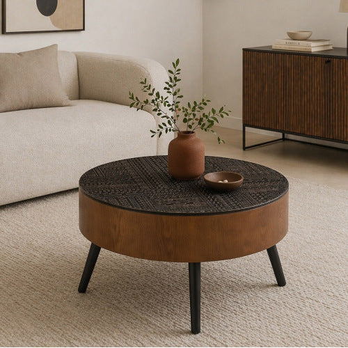 31.5inch  Round Carved Coffee Table, Black & Brown