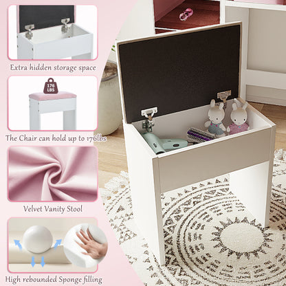 Vanity Desk with Glass Top and 11 Hollywood Bulbs, 3 Color Lighting Modes, Makeup Vanity with Pink Finish Drawers & Shelves, White Vanity Table with Stool for Bedroom