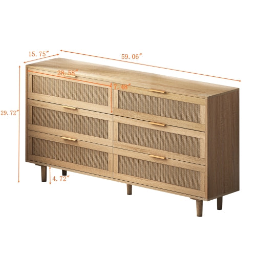 Natural 6-Drawer Rattan Dresser Bedroom Clothes Storage Organizer