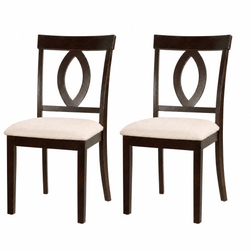 Wooden Dining Chairs Set of 4, Dark Brown, Beige Cushion, Oval Cutout Backrest