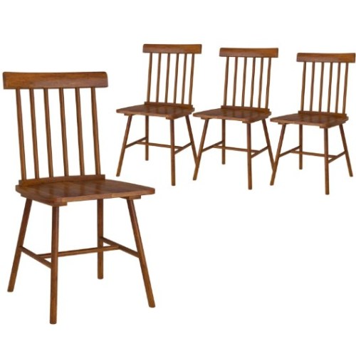 Set of 4 Light Brown Rubberwood Dining Chairs, Farmhouse Spindle Back Kitchen Chairs