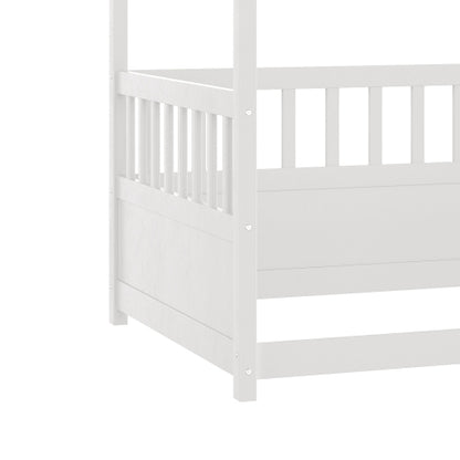 Twin Size Canopy Bed Frame with Guardrails for Kids,Floor Bed Twin with Four Poster Design,Kids Montessori Floor Bed,Wood Canopy Bed Frame for Girls,Boys(Twin,White)