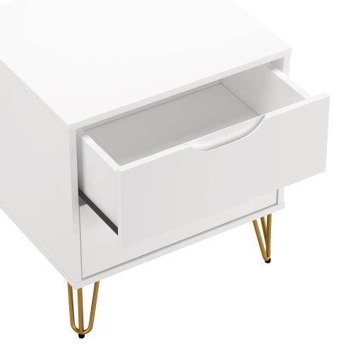 White Modern Nightstand, 2 Drawers & Metal Legs