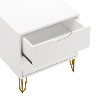 White Modern Nightstand, 2 Drawers & Metal Legs