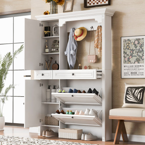54.7 inch Hall Tree with Integrated Shoe Cabinet and Mirrored Cabinet Door, Coat Hanger, Entryway Bench, 4-in-1 Design, 2 Flip Drawers, 4 Hooks and 2 Cabinets for Entrance,Living Room