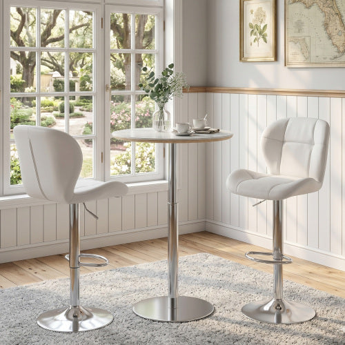 Set of 2 Height Adjustable Bar Stools, PU Upholstered Tufted Backrest Chairs with Chrome-Plated Metal Base & Footrest for Kitchen Island, Pub, Bar (White)