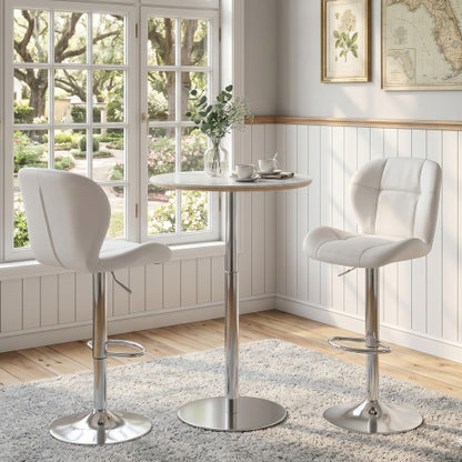 Set of 2 Height Adjustable Bar Stools, PU Upholstered Tufted Backrest Chairs with Chrome-Plated Metal Base & Footrest for Kitchen Island, Pub, Bar (White)