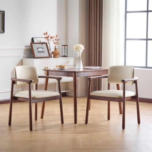 Set of 2 Beige PU Foam Dining Chairs, Dark Walnut Rubber Wood Frame 300lbs Weight Capacity