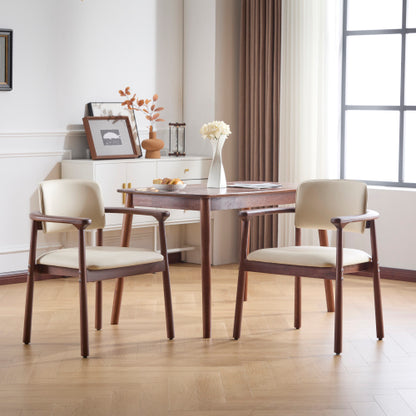 Set of 2 Beige PU Foam Dining Chairs, Dark Walnut Rubber Wood Frame 300lbs Weight Capacity