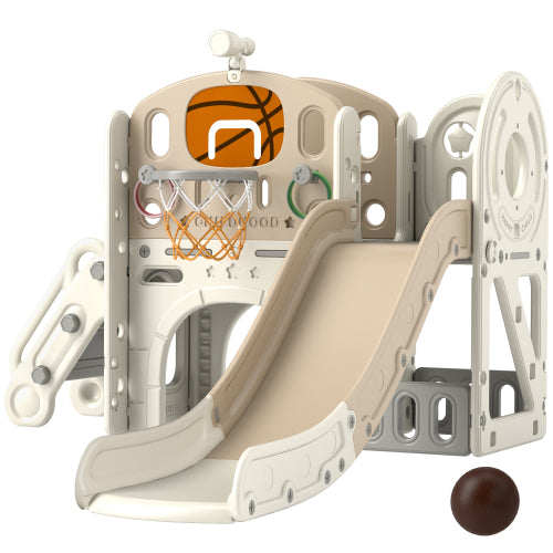 Qaba 7 in 1 Toddler Slide Playset Indoor Playground with Basketball Hoop Crawl Tunnel Cream White