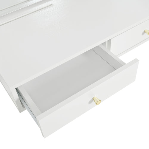 White Floating Wall Mounted Vanity Desk with LED Mirror, 3 Color Lights, Power Outlet & USB, Large Storage