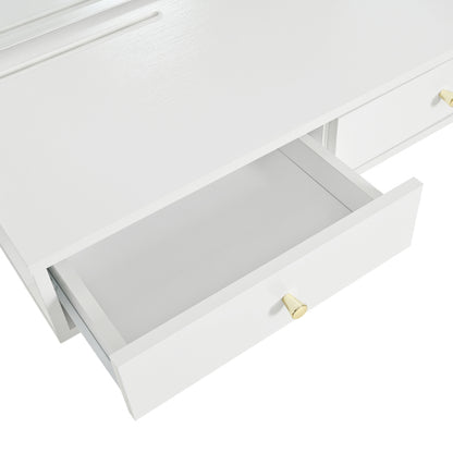 White Floating Wall Mounted Vanity Desk with LED Mirror, 3 Color Lights, Power Outlet & USB, Large Storage