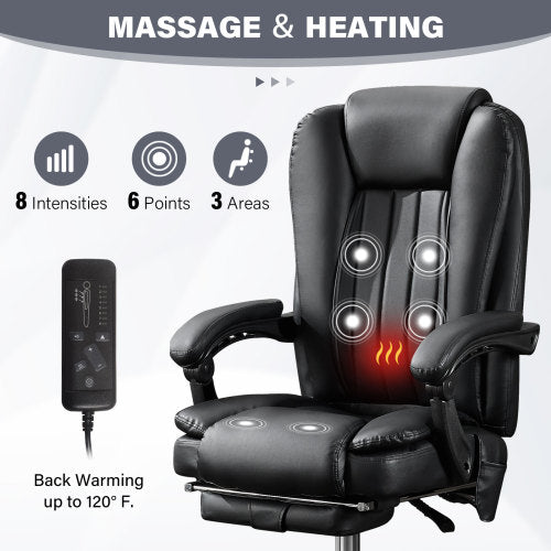 Massage Office Chair with Heat and 6 Vibration Points,Executive Office Chair with Foot Rest and Padded Armrests,Reclining Backrest and Wheels