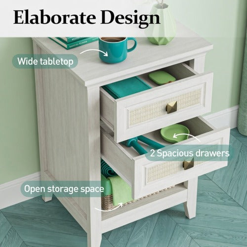 Set of 2 White Rattan Boho Nightstands