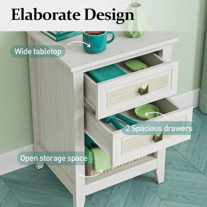 Set of 2 White Rattan Boho Nightstands